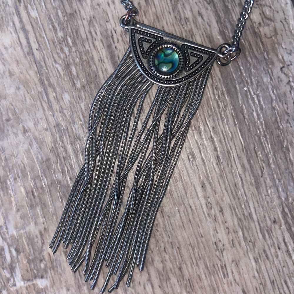Boho Fringe Silver Blue Green Stone Clasp Necklace - American Eagle Outfitters